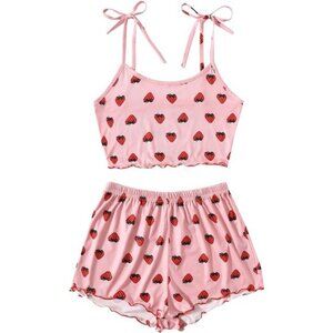 Women's Summer Strawberry Print Cami Top and Shorts Sleepwear Pajamas Set